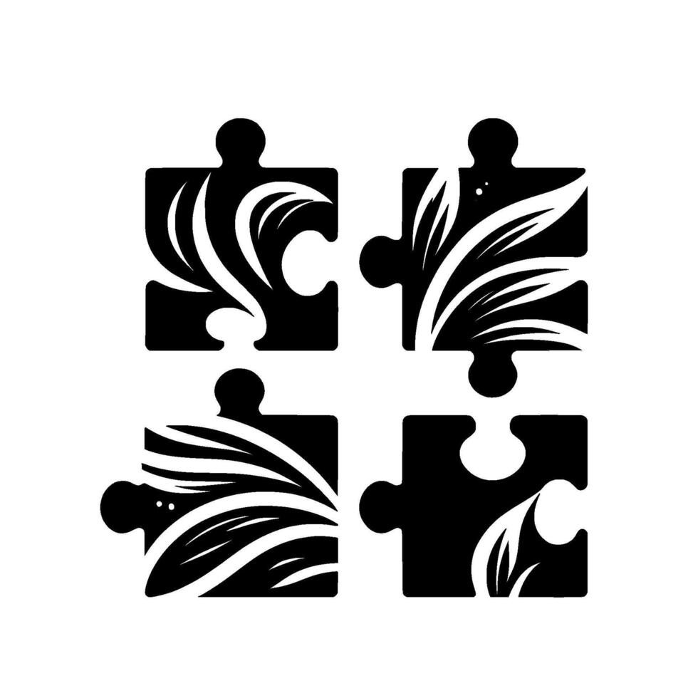 Four Black and White Puzzle Pieces with Floral and Leafy Designs Forming a Unified, Modern Composition on a White Background. vector