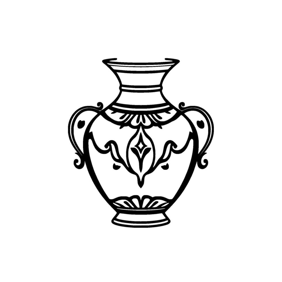 Elegant black and white illustration of a classical vase, featuring ornate floral and geometric designs, detailed handles, and a symmetrical, centered composition. vector