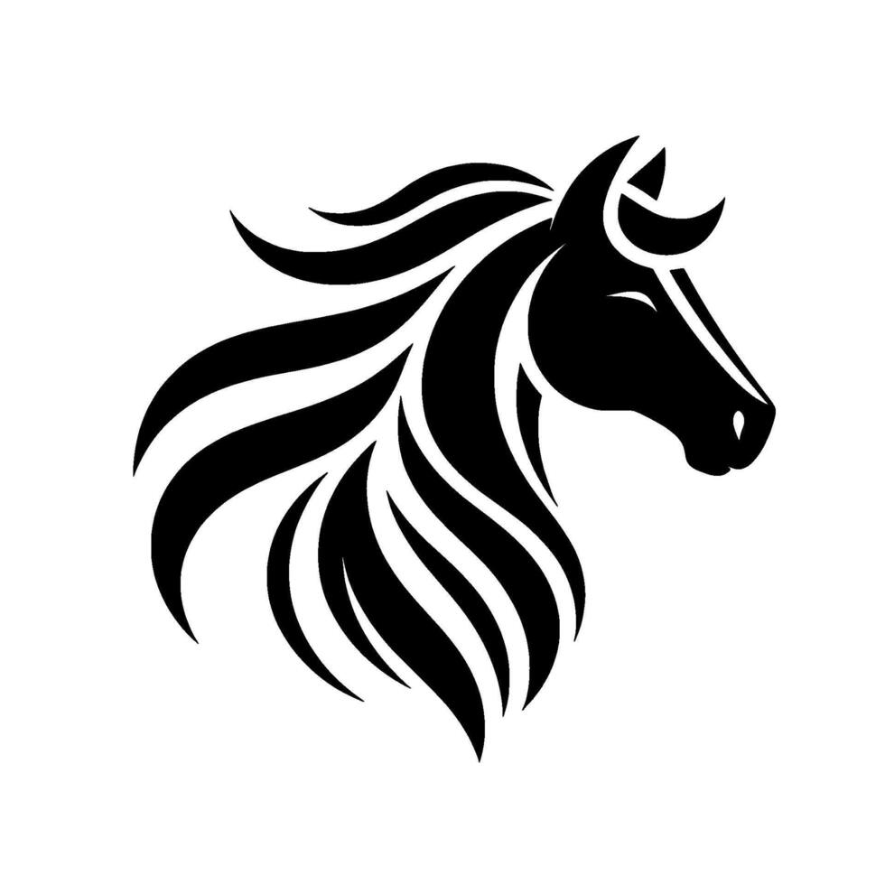 Stylized Black Horse Head Silhouette with Flowing Mane on White Background, Elegant Concept. vector