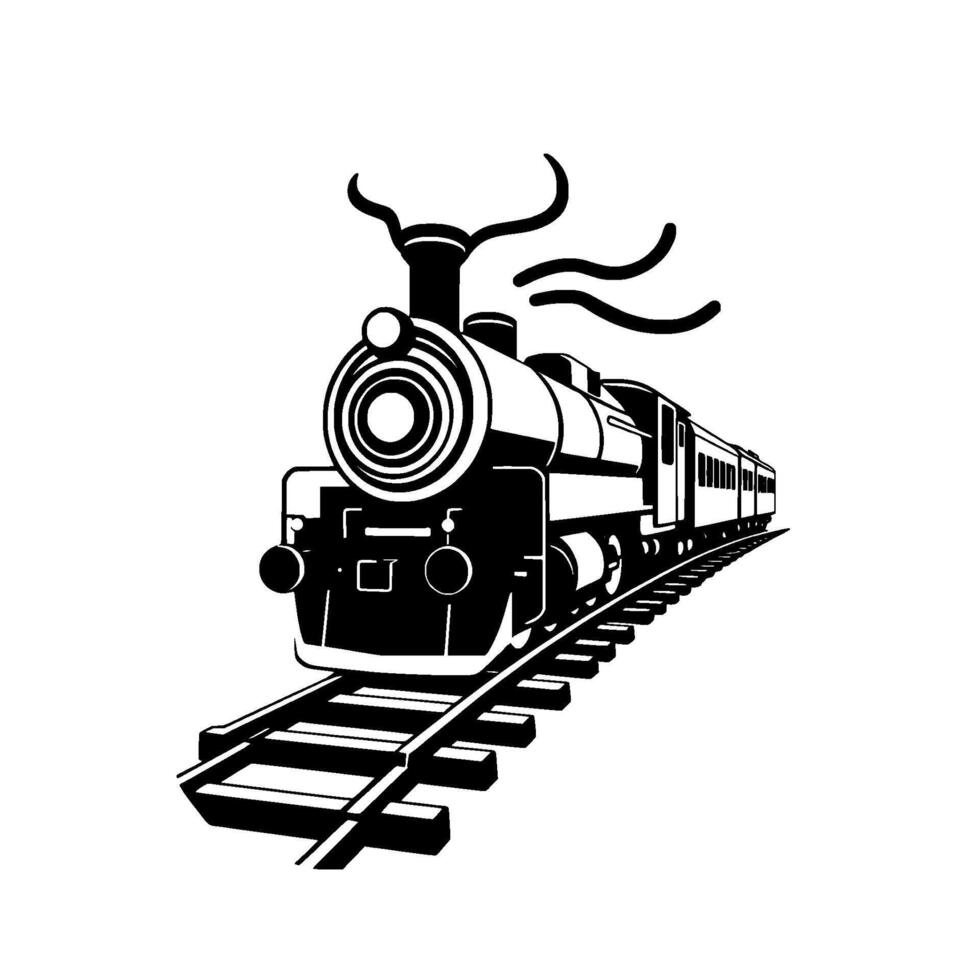 illustration of a classic black and white steam locomotive train, traveling along tracks with stylized smoke plumes. vector