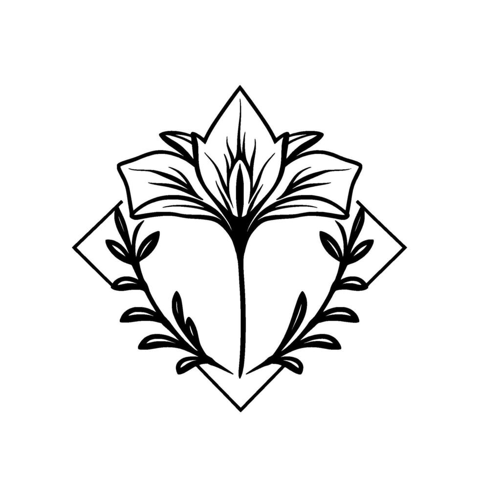 Elegant black and white symmetrical floral , showcasing a stylized lily framed within a diamond shape, with leaf accents for a refined, minimalistic aesthetic. vector