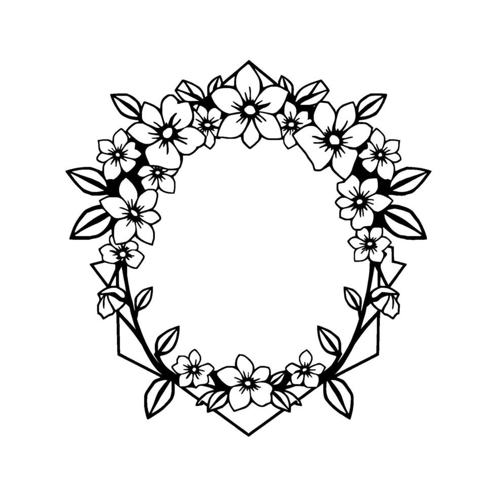 Intricate black and white floral wreath illustration, featuring blossoms, leaves, and geometric accents, on a white background. vector