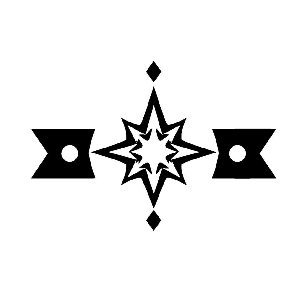 A black and white symmetrical featuring a stylized starburst, two bannerlike shapes, and a diamond, all on a white background. vector