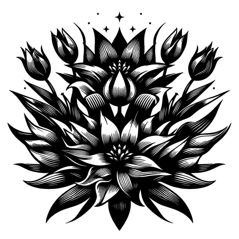 Intricate Black and White Floral Mandala Composition with Layered Petals, Tulips, and Celestial Accents. vector