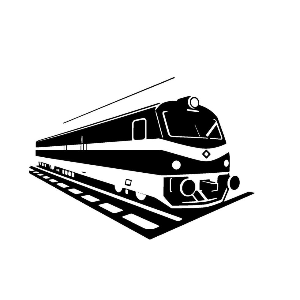 A stylized black and white illustration of a streamlined electric locomotive, positioned on a track, with high contrast and minimal detail. vector