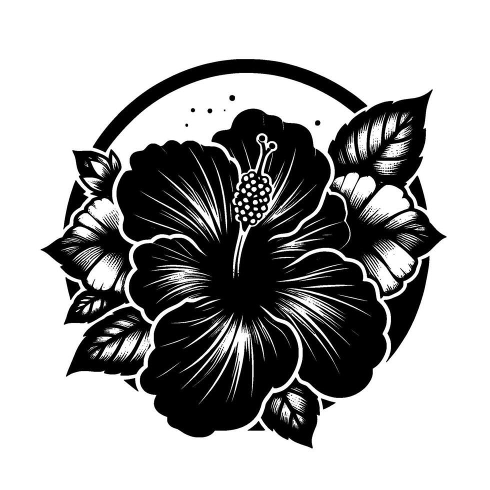 Intricate Black and White Hibiscus Floral Arrangement within a Circle, Detailed Botanical Illustration with Leaves. vector
