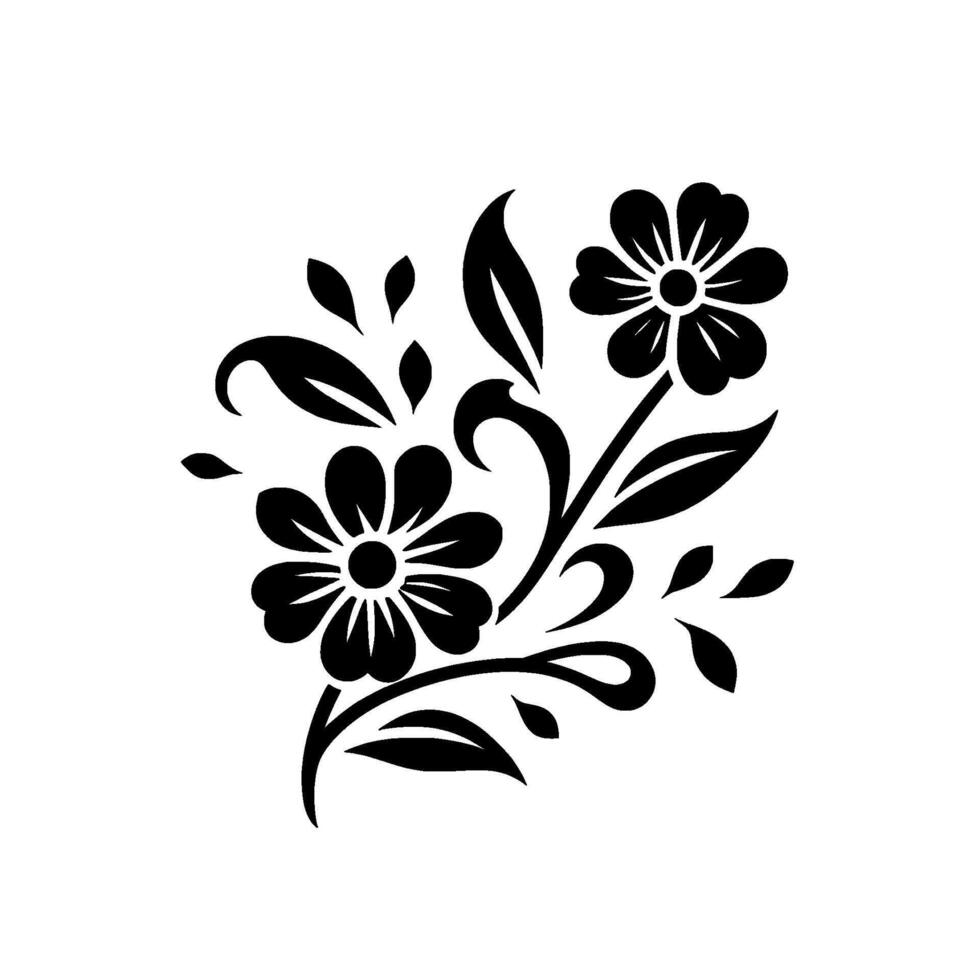 Elegant, monochromatic floral featuring stylized black flowers, leaves, and curling vines against a clean white backdrop, evoking simplicity. vector