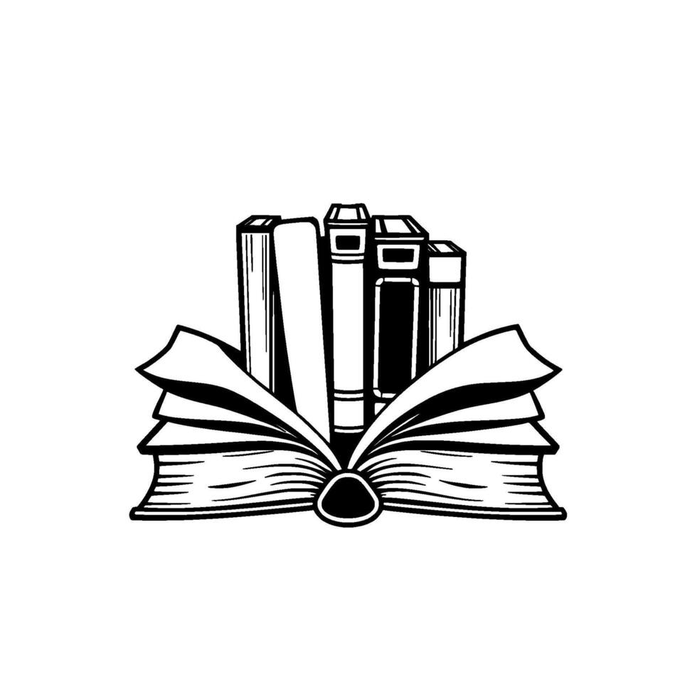 A monochrome illustration of an open book cradling a stack of diverse books, suggesting knowledge and learning. vector
