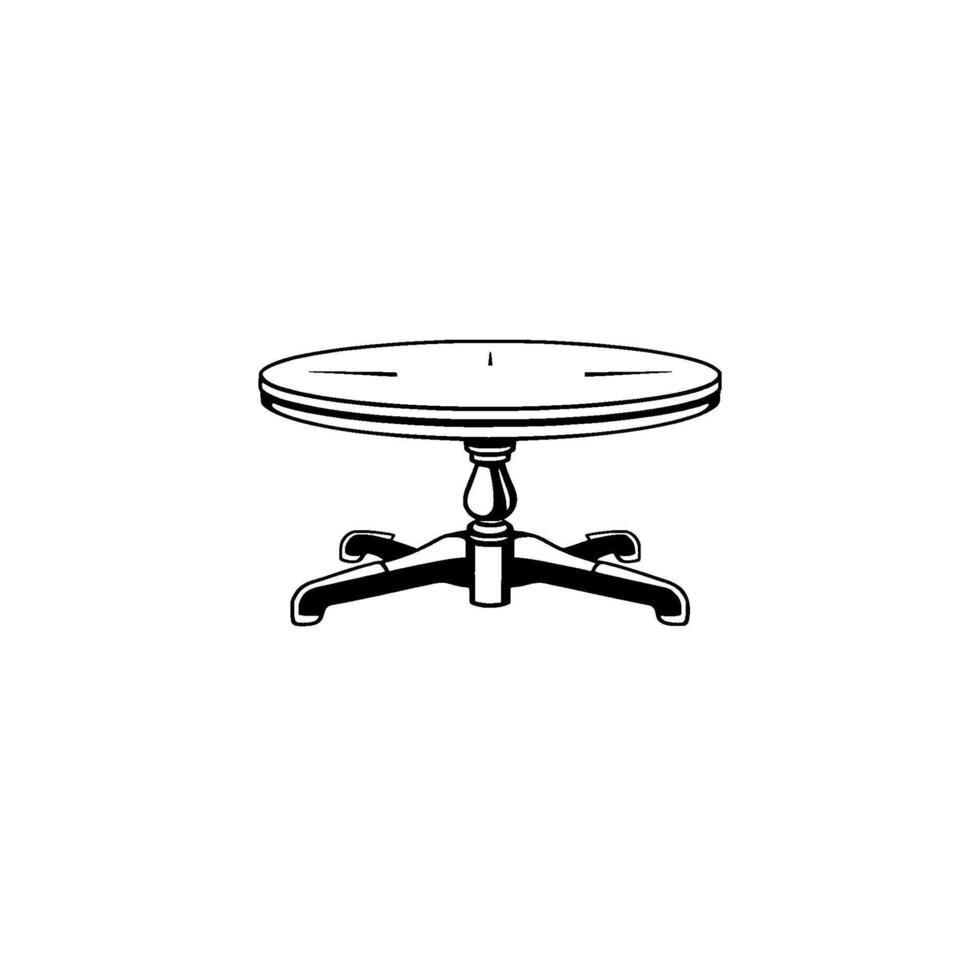 Minimalist Black and White Illustration of a Round, Wooden Pedestal Table on a White Background. vector