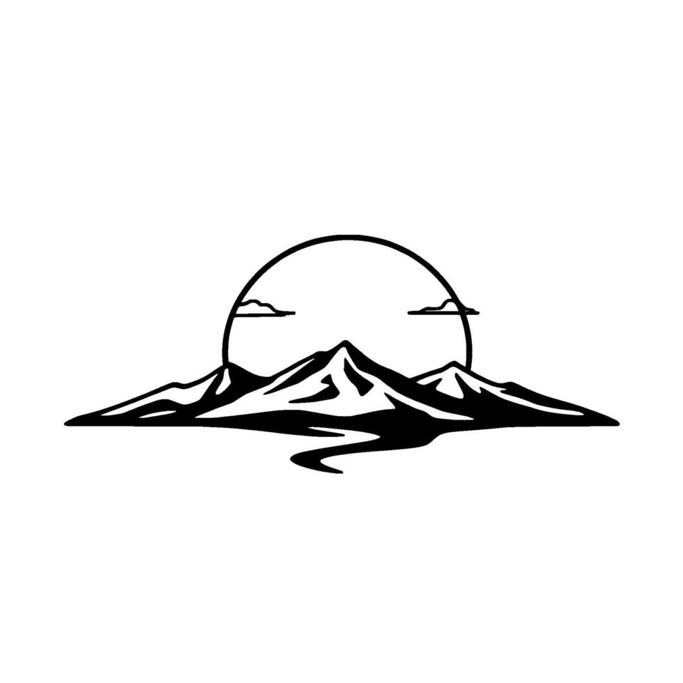 A minimalist black and white illustration of mountains, a sun, clouds, and a river in a serene, natural landscape. vector