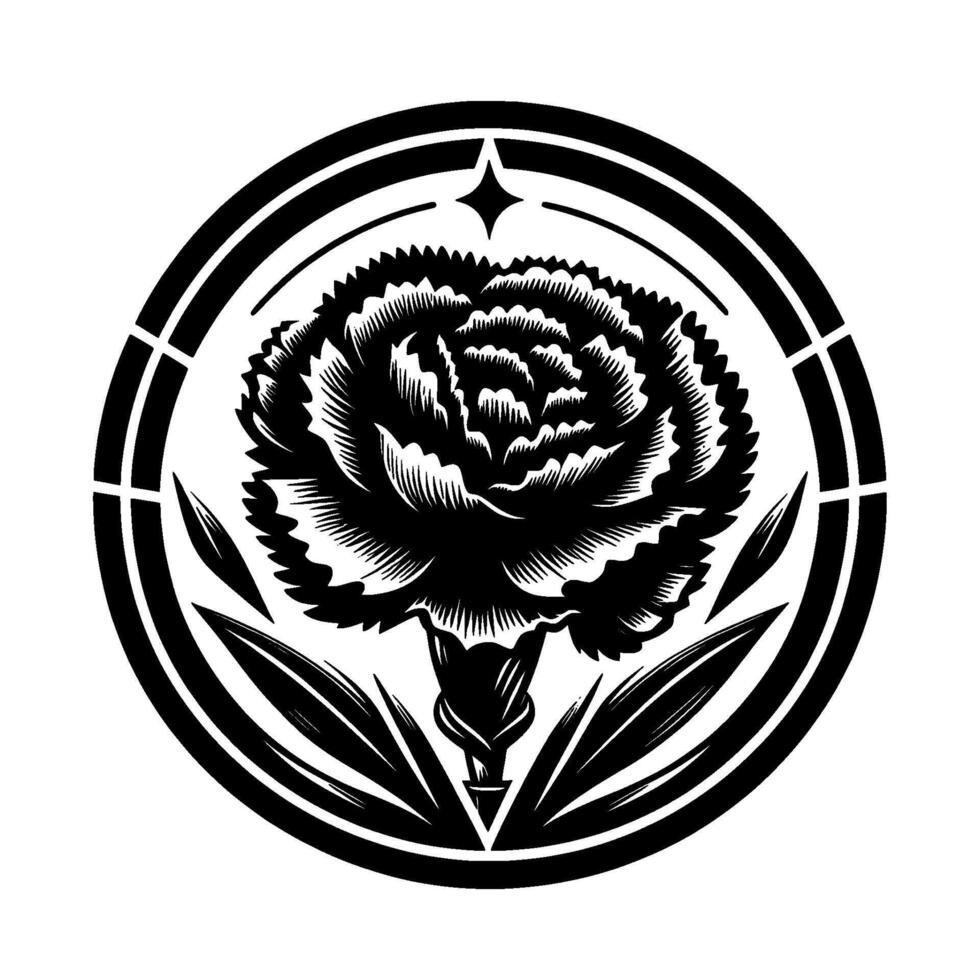 Intricate Black and White Carnation Within a Circular Emblem Featuring Star Accent, Leaves, and Geometric . vector