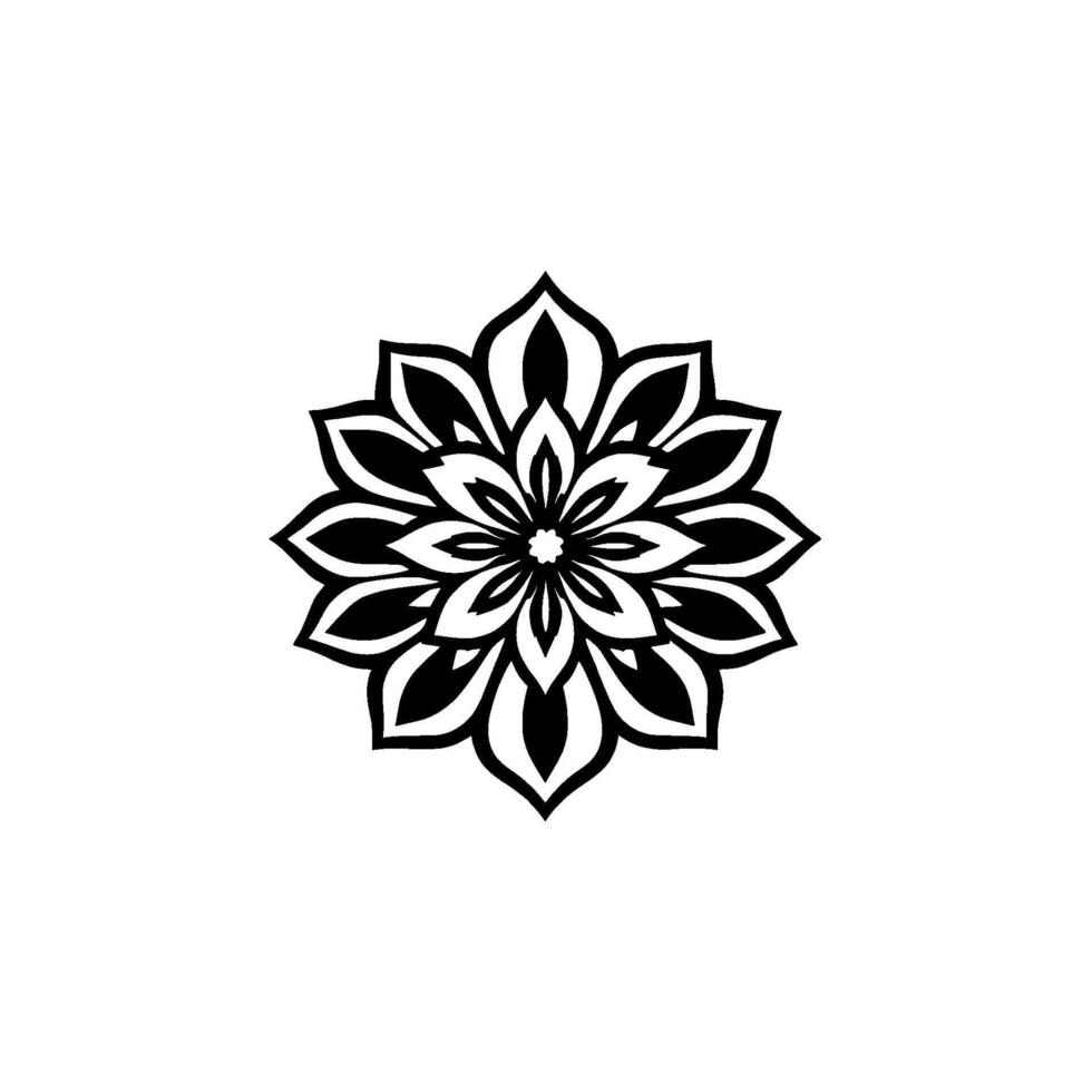 Intricate, symmetrical black and white mandala , featuring layered petallike shapes, isolated on a clean white background. vector