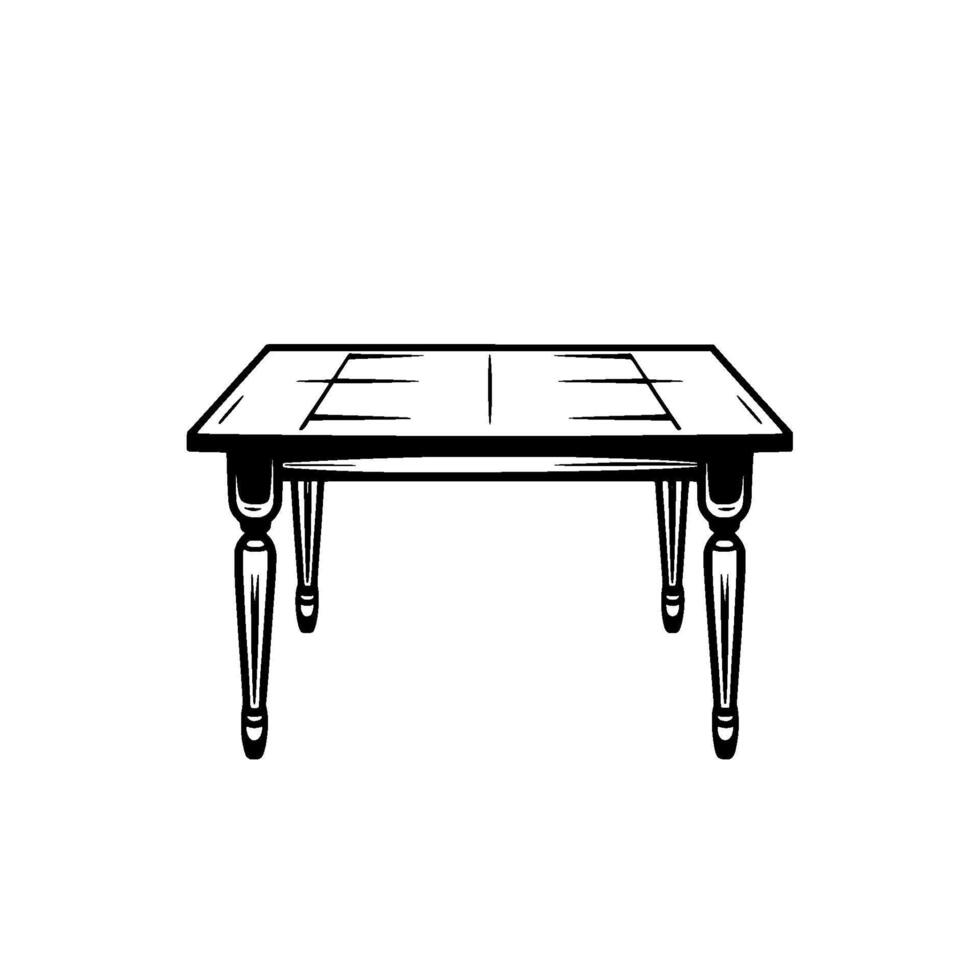 Detailed Black and White Illustration of a Classic Rectangular Dining Table with Ornate Legs and a Central Panel on a Clean White Backdrop. vector