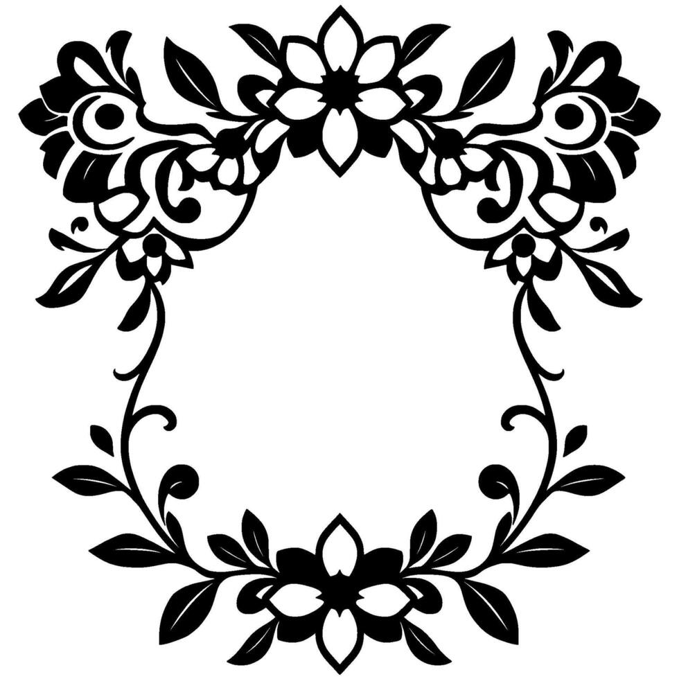 Symmetrical Black Floral Swirl Frame Decorative Elements with Flowing Vines and Bold Flower Accents, Isolated on White. vector