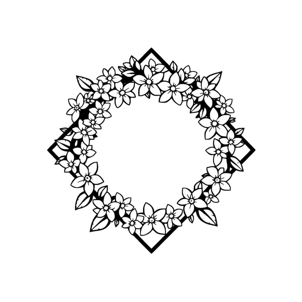 Elegant Black and White Floral Diamond Frame A Minimalist Featuring a Circular Arrangement of Blossoms and Leaves vector