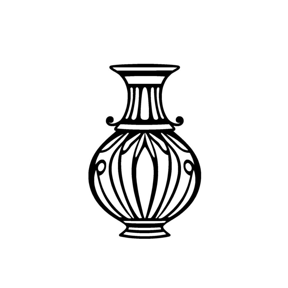 Elegant black and white art nouveau style vase illustration, featuring symmetrical curvilinear lines and decorative floral motifs against a pure white background. vector