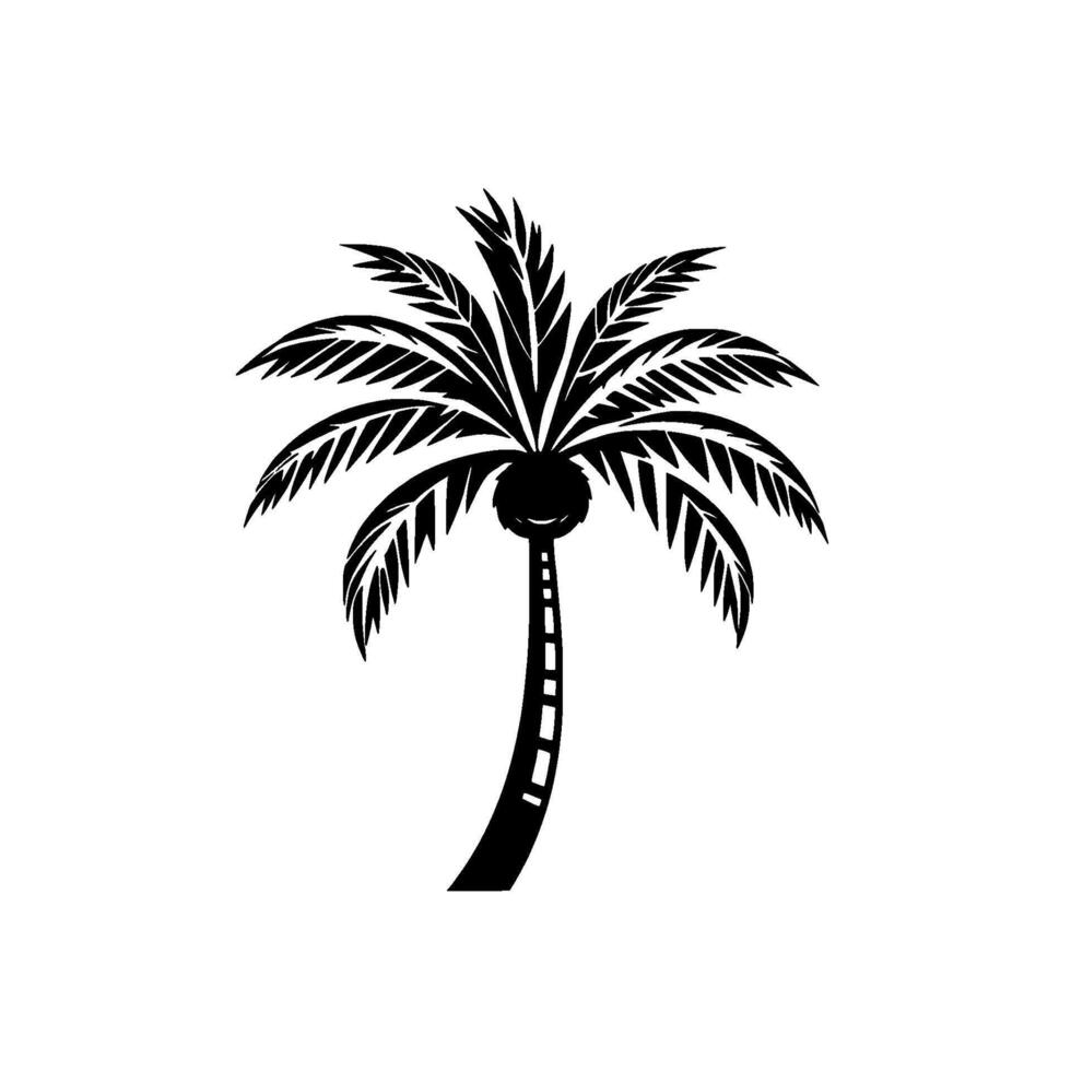 Bold Black and White Silhouetted Palm Tree with a Curving Trunk and Lush Fronds, Isolated on White. vector