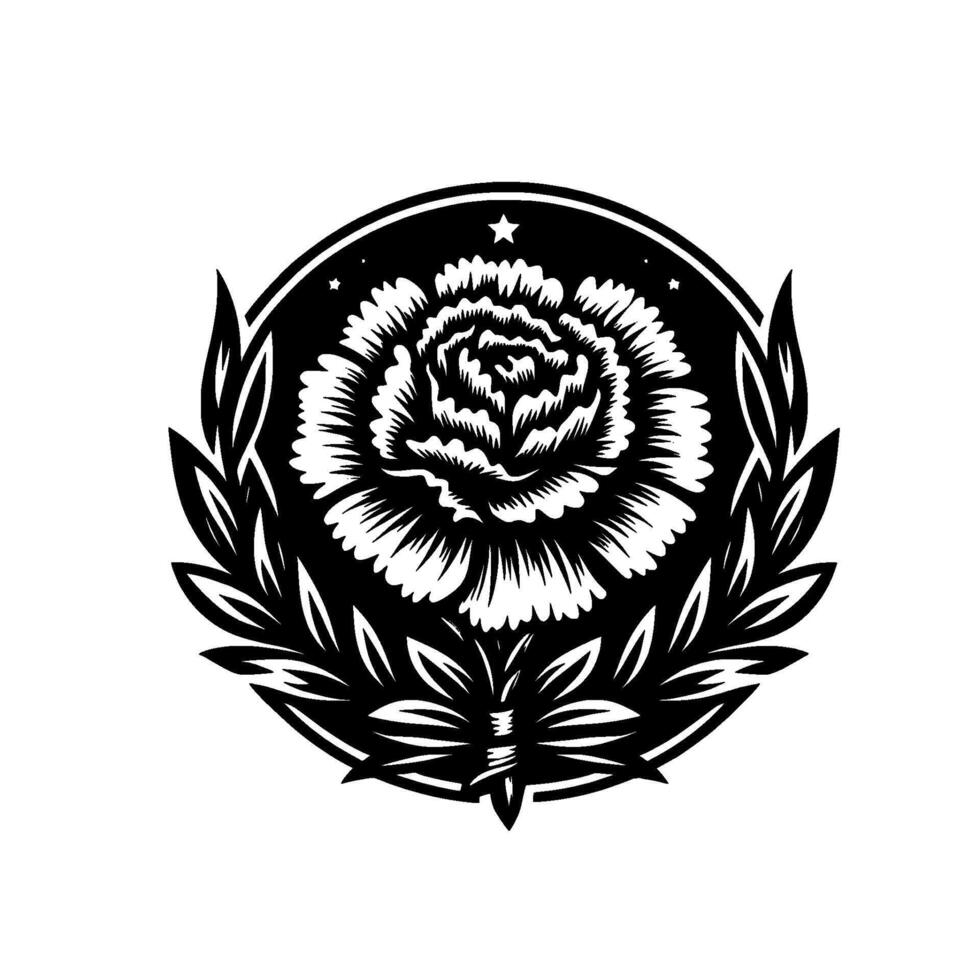 Intricate floral emblem of a blossoming flower, encircled in a laurel wreath, within a dark circular border, with subtle stars against a pristine white background. vector