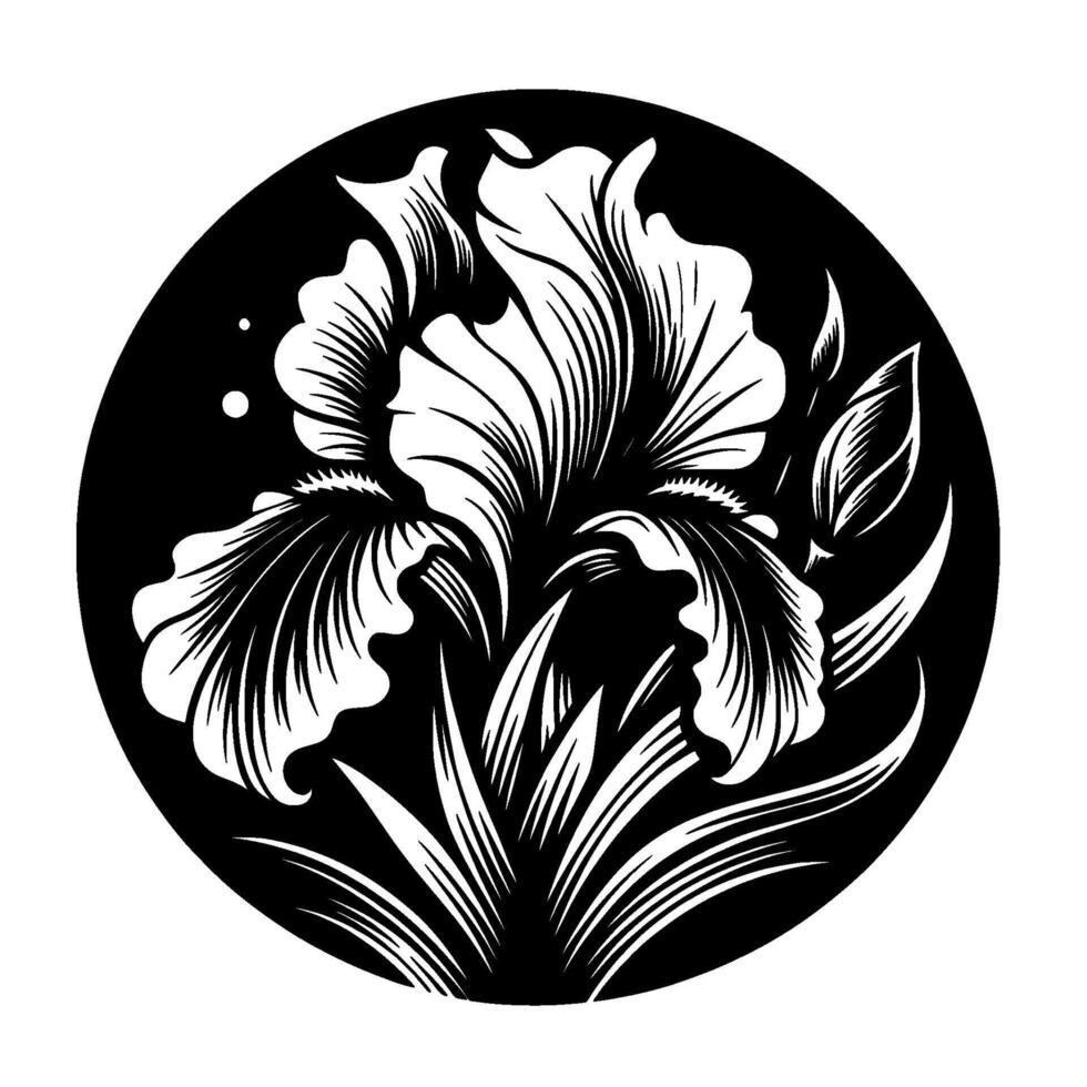 Elegant Black and White Iris Flower in Circular Frame Intricate Line Art, Floral Illustration, Nature Inspired, Minimalist. vector