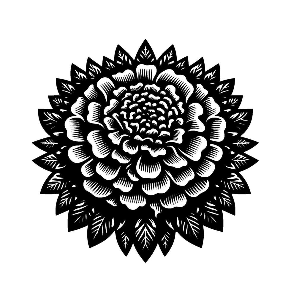 Intricate Black and White Papercut Flower A symmetrical botanical illustration with layered petals and pointed leaves, set against a clean, white background. vector