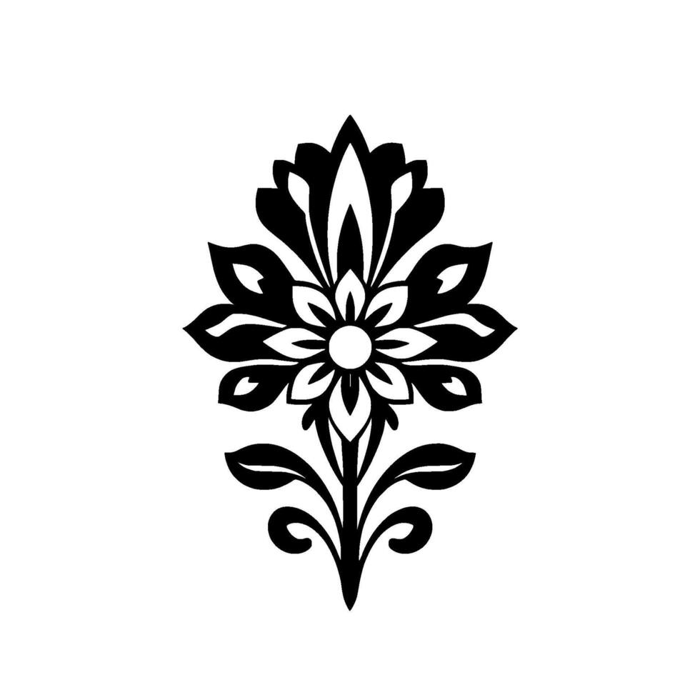 Intricate Black Floral Pattern symmetrical featuring leaves, petals, and a central circular element, set against a white backdrop. vector