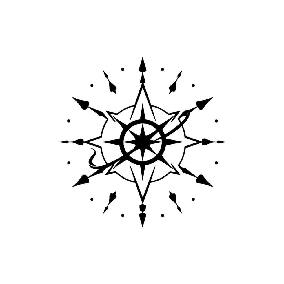 Stylized Black and White Compass Rose with Central Star, Arrows, and Directional Points, on a White Background. vector