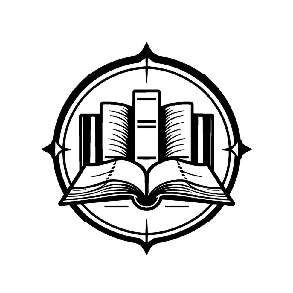 Intricate black and white depicting an open book with vertical stacked books, within a compass roseinspired circular frame. vector