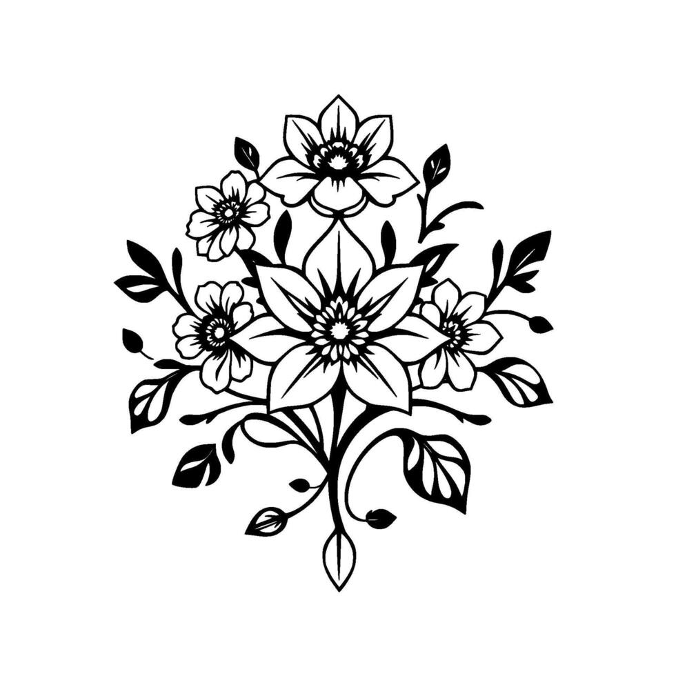 Black and White Floral Illustration Detailed stylized bouquet featuring five flowers with intricate petal patterns, leaves, and stems arranged centrally on a white background. vector
