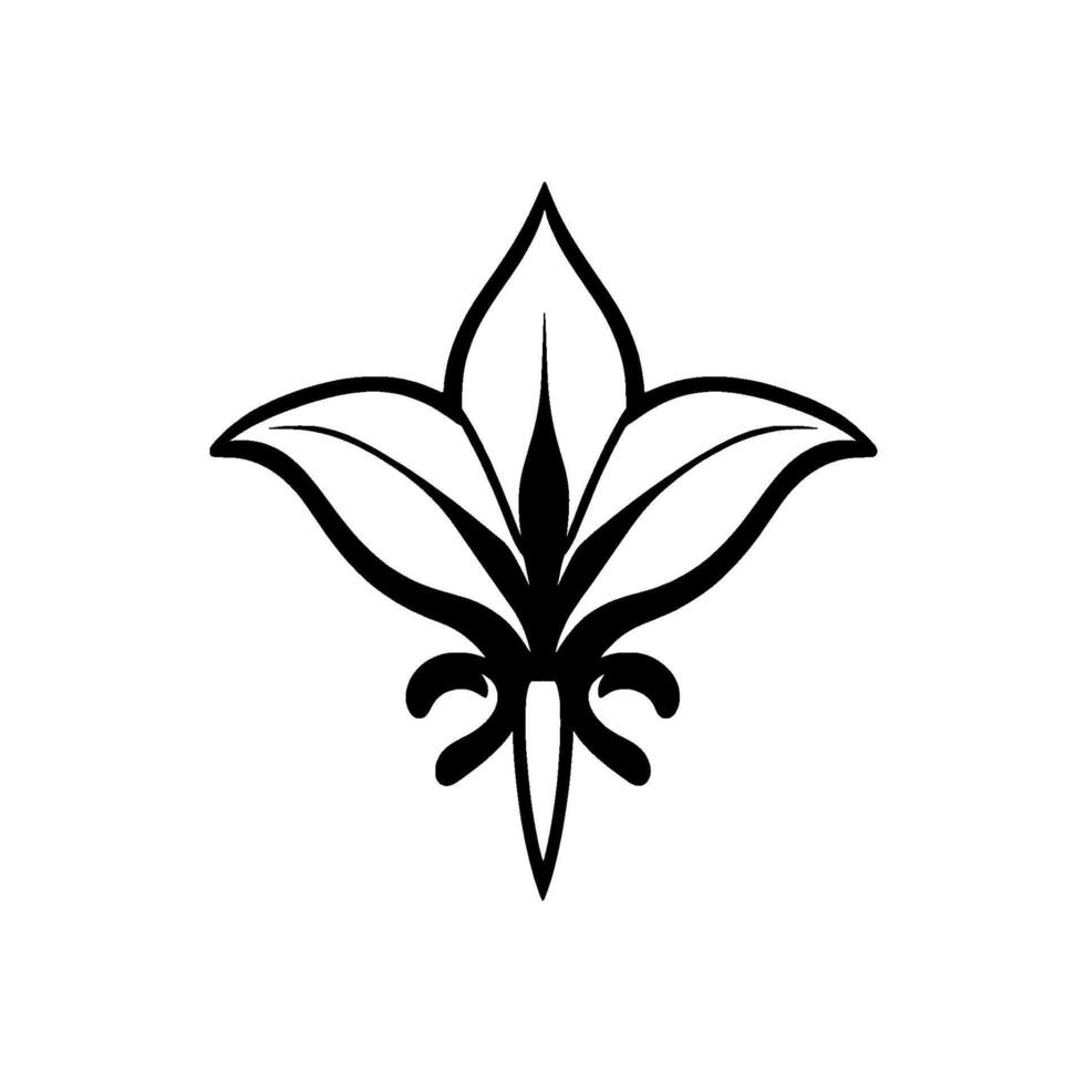 Black and white stylized floral emblem featuring symmetrical , delicate leaf structure, and elegant scrolled base detail. vector