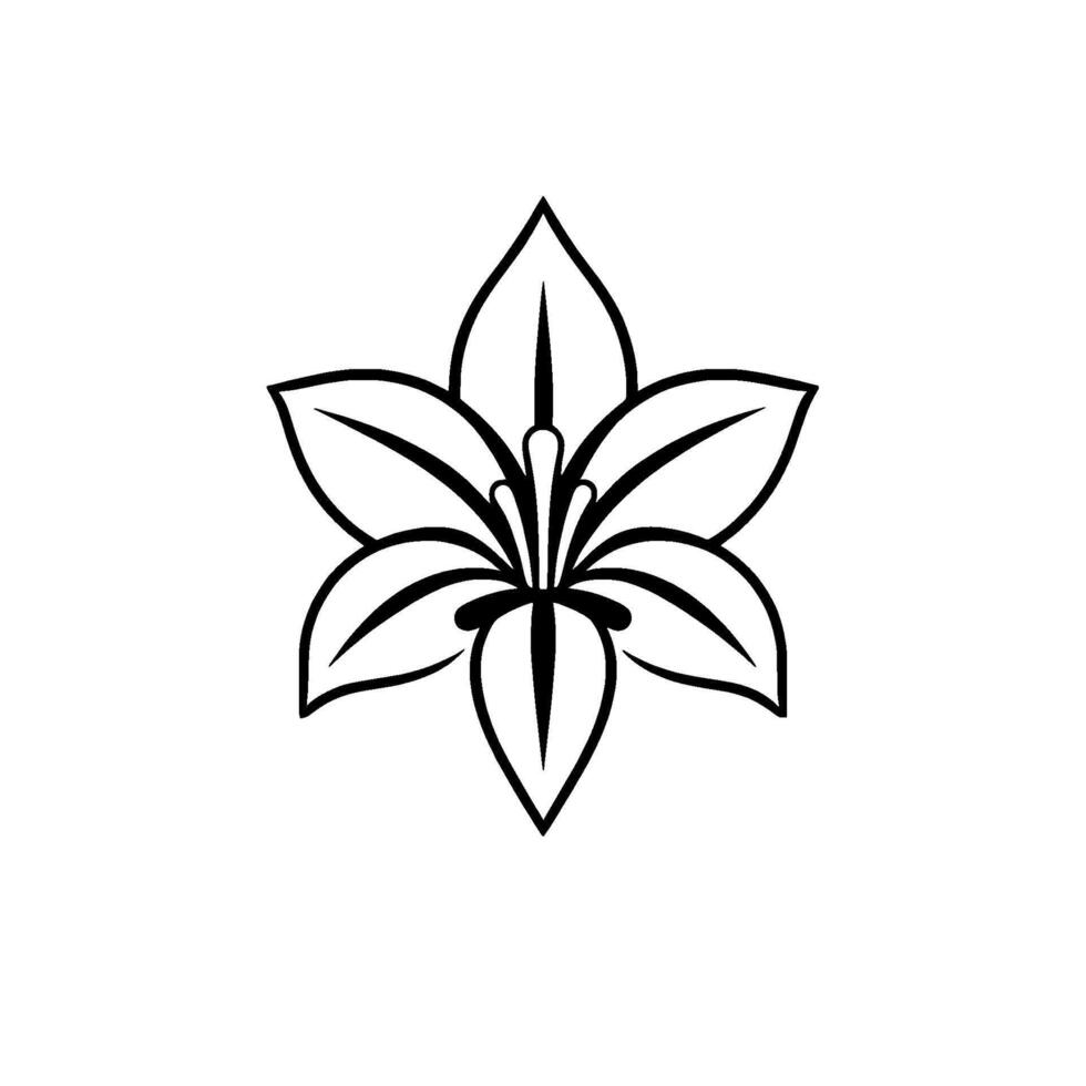 A symmetrical, minimalist black and white illustration of a stylized, sixpetaled flower with detailed center elements, isolated on white. vector