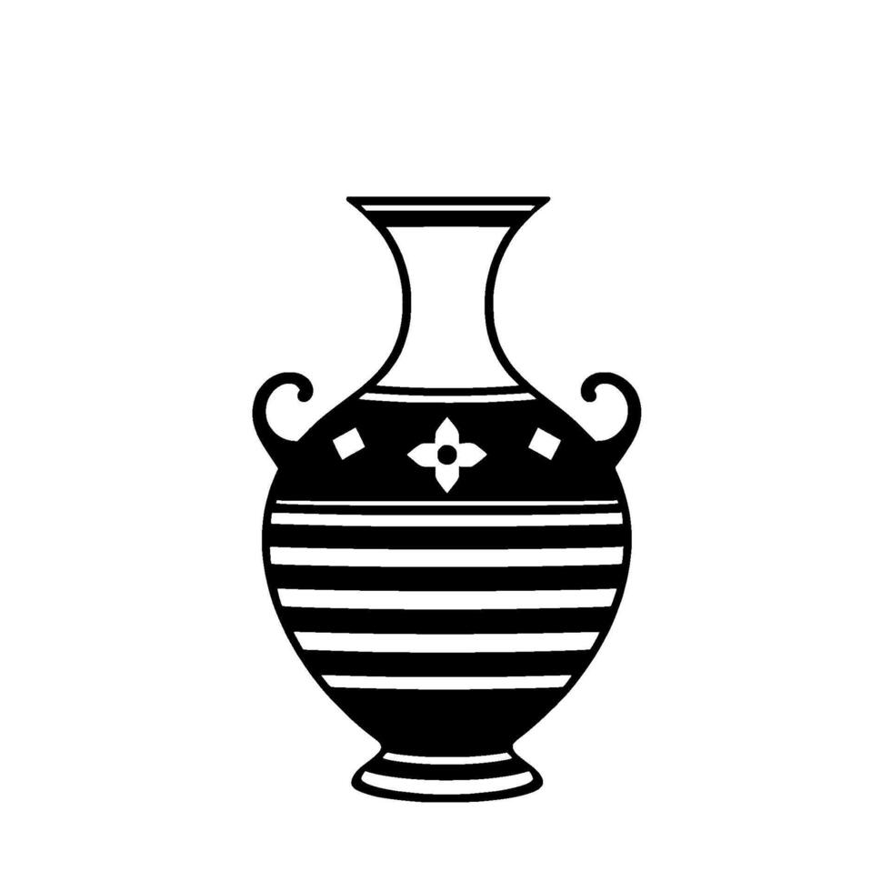 Intricate Black and White Illustration of a Greek Amphora with Ornamental Handles, a Striped Body, and Floral Details, Isolated on White. vector