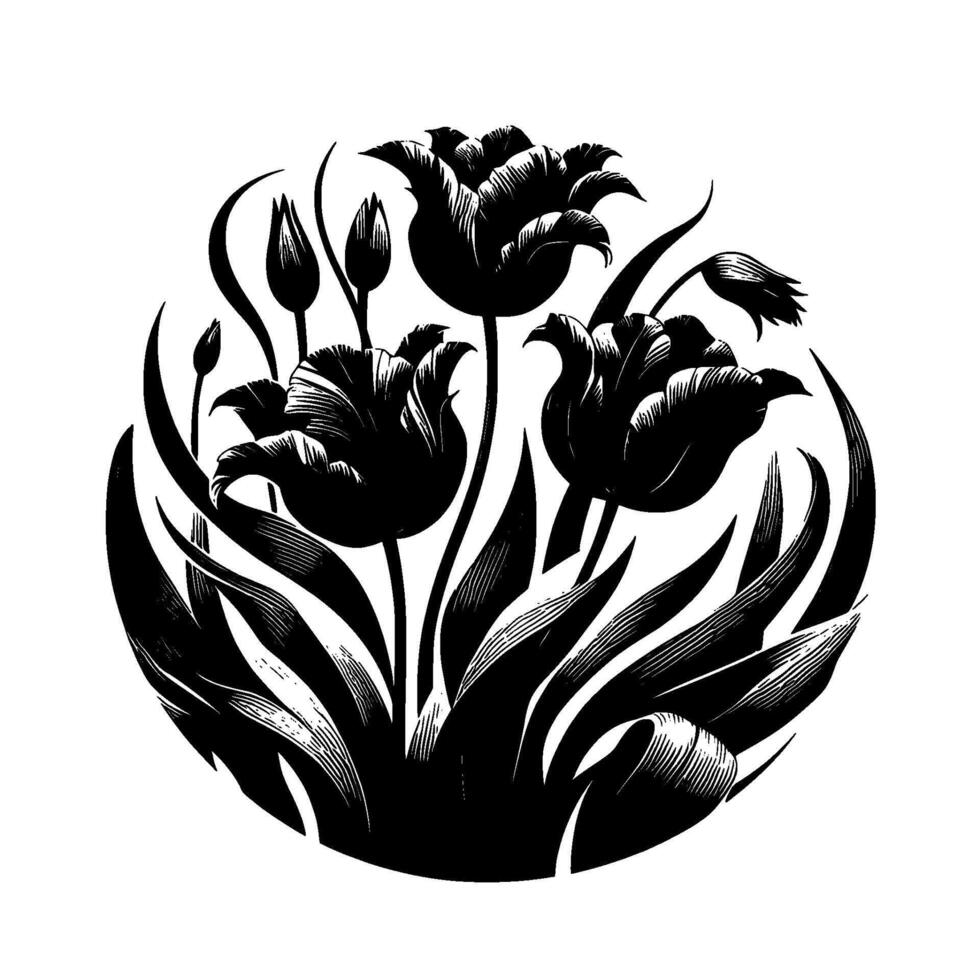 Elegant Black and White Floral Illustration of Tulips and Buds in a Circular Composition, Highlighting Detailed Line Work. vector