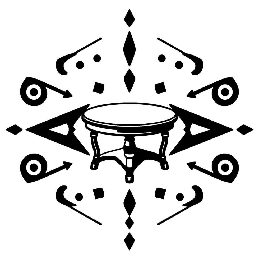 Intricate Black White A Centered Round Table Surrounded by Stylized Arrows, Geometric Shapes, and Ornate Decorations, Creating a Symmetrical Composition. vector