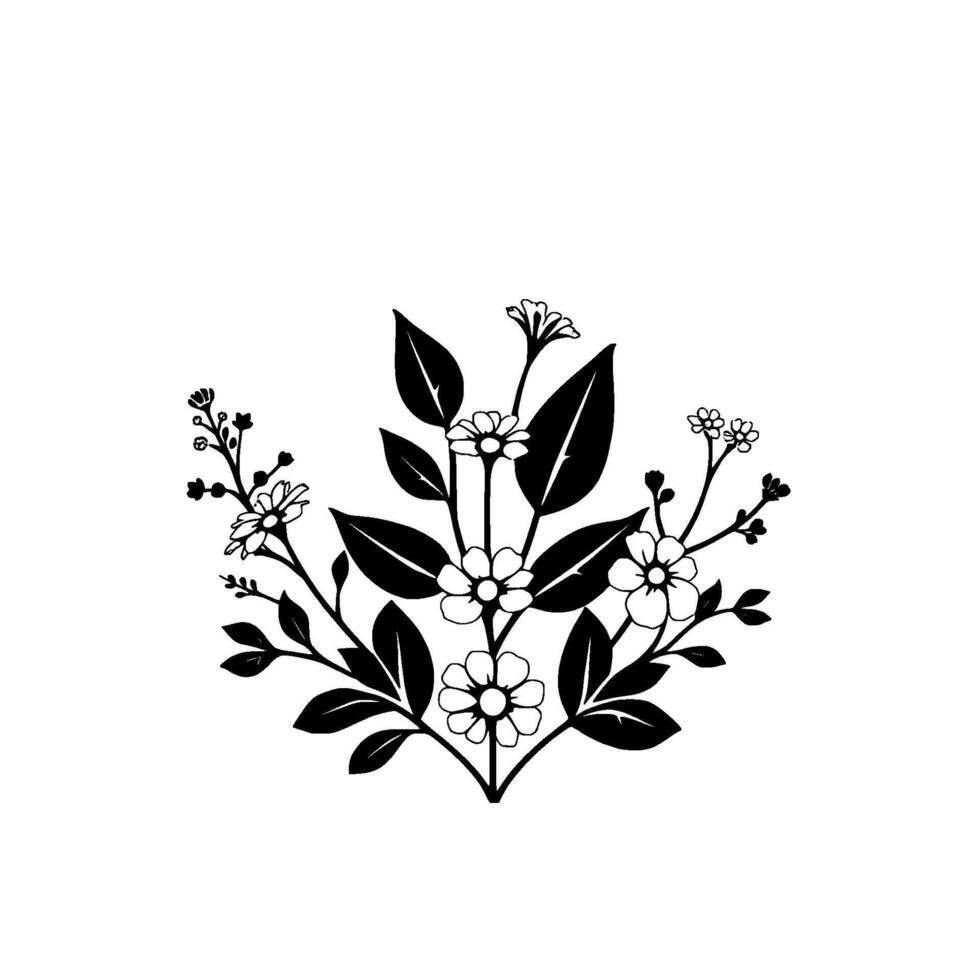 Elegant Monochrome Floral Arrangement Detailed Botanical Illustration featuring Daisies and Leaves in a Minimalist vector