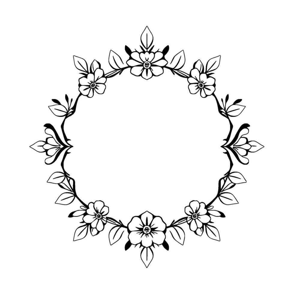 Intricate black and white floral wreath , stylized with delicate flowers, leaves, and ornamental elements arranged in a circular pattern, ideal for framing. vector