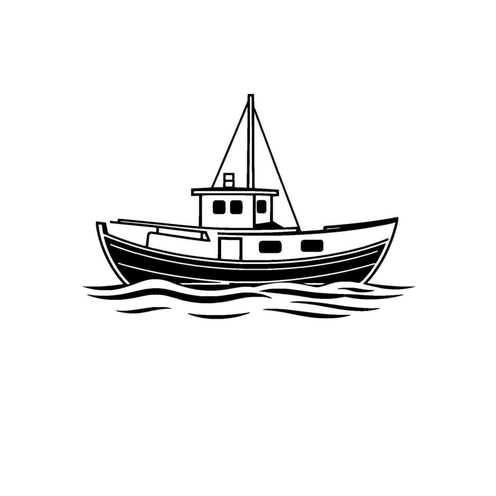 Simple black and white illustration of a fishing boat sailing on stylized waves with a minimalist on a pure white background. vector