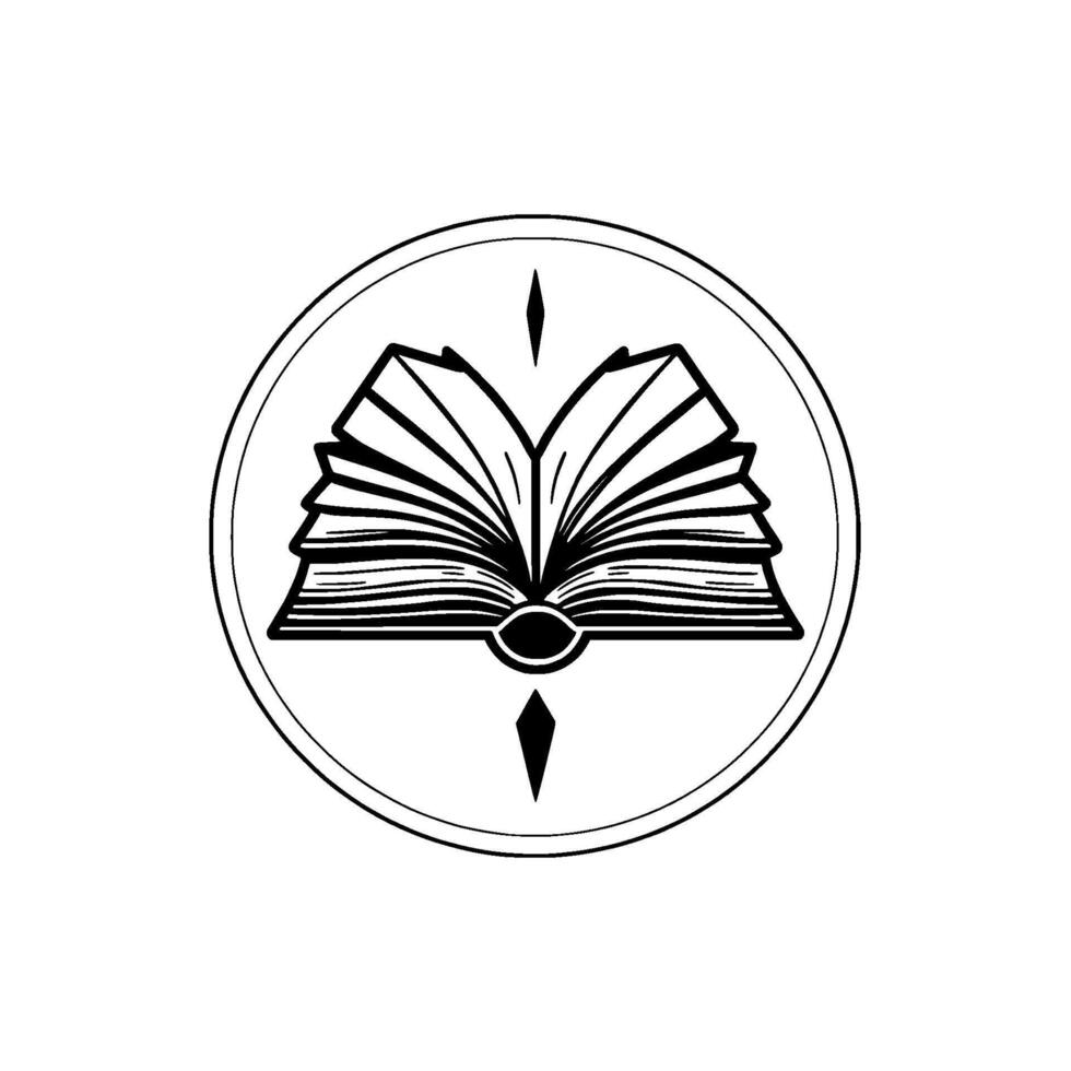 Minimalist Monochrome Illustration Open Book Within a Circle, Representing Knowledge and Education, Emphasizing Simple and Symbolic Imagery. vector
