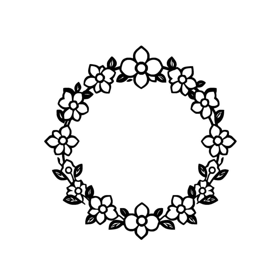 Intricate black and white circular floral wreath illustration featuring detailed blossoms, leaves, and an open center on white background. vector