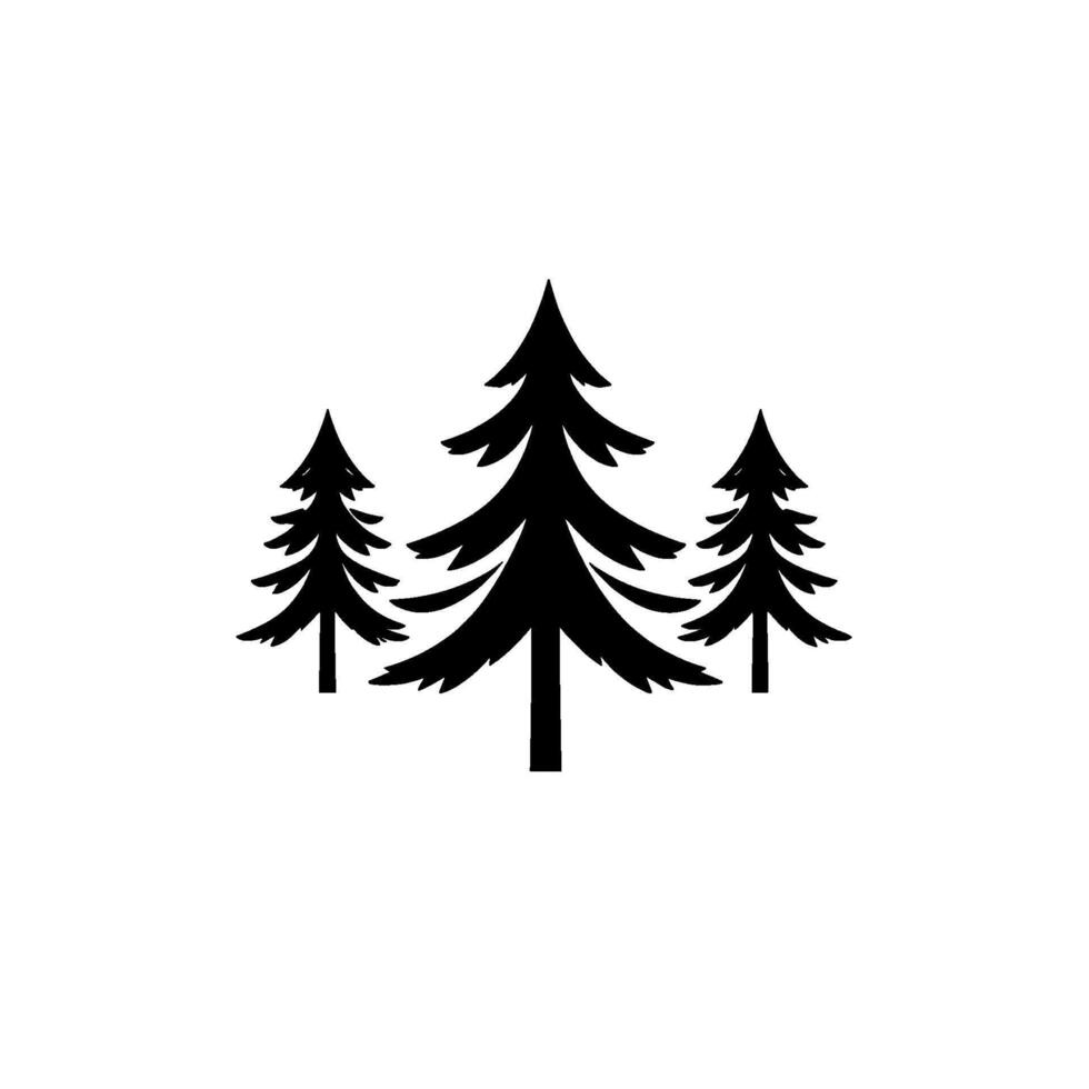 Minimalist black silhouette of three stylized evergreen trees on a bright white background, with a clean and modern . vector