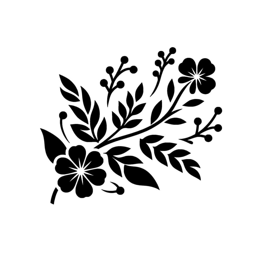 Black Floral Silhouette on White Background Detailed Illustration of Flowers, Leaves and Berries in a Clean and Modern Style. vector
