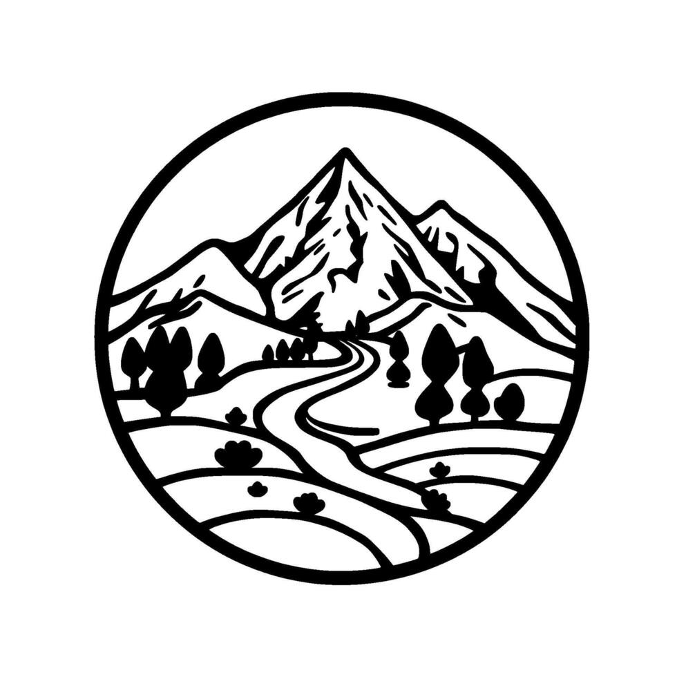 Black and White Illustration of a Mountainous Landscape Scene Enclosed within a Circular Frame, Featuring Trees and Winding Path. vector