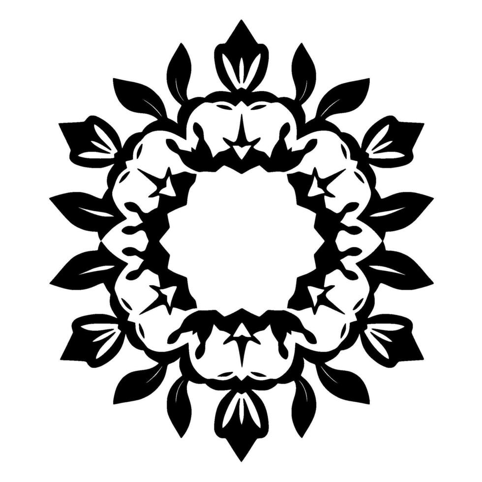 Intricate symmetrical black and white florallike featuring stylized leaves, starlike elements, and a central open circle on a stark white background. vector