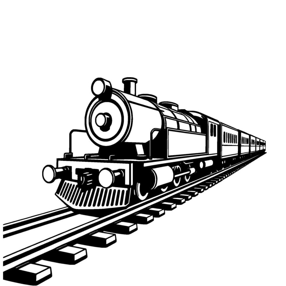 Black and white illustration of an old steam train on tracks, perspective view, iconic with carriages. vector