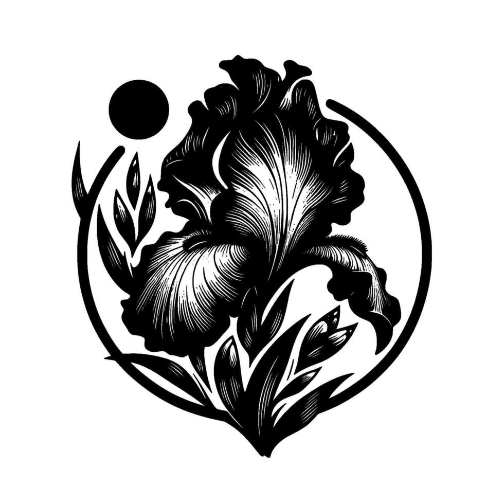 Intricate Black and White Iris Illustration Floral with Circular Frame, Stylized Leaves and Dot Sun. vector