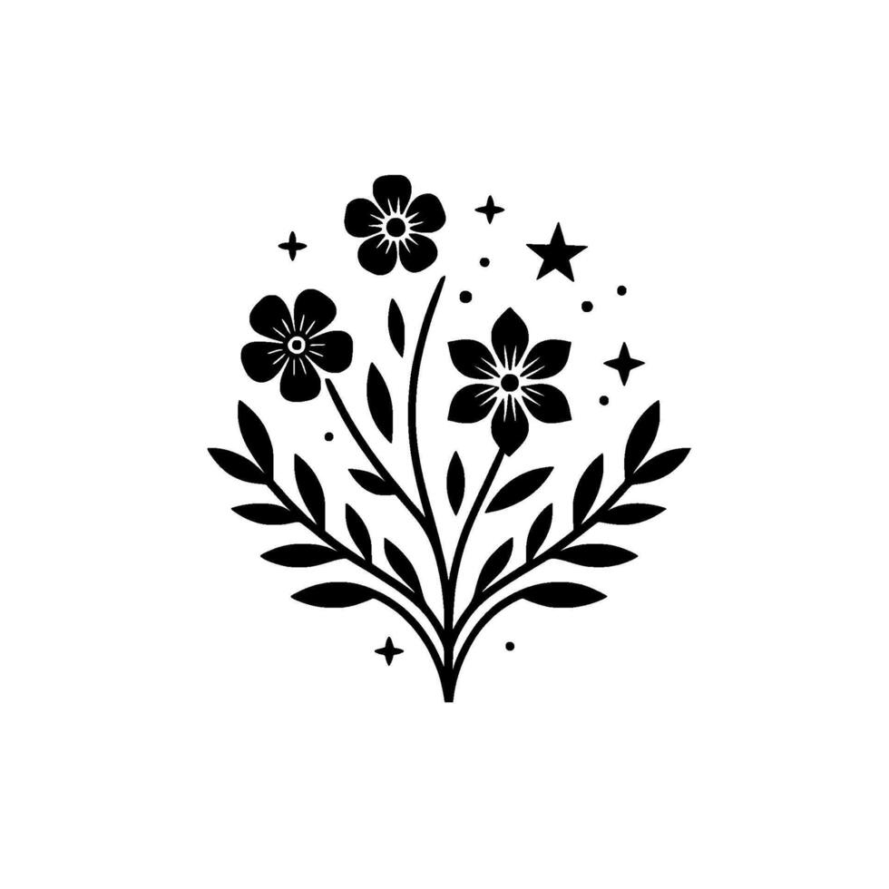 Elegant Black Floral Illustration with Star and Dot Accents on a White Background, Modern Minimalist . vector