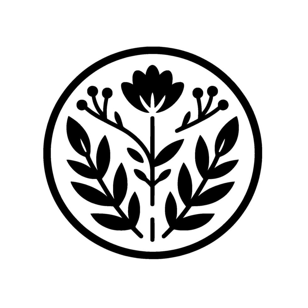 Minimalist Black and White Floral Emblem A symmetrical, stylized flower and foliage encased within a circle. vector