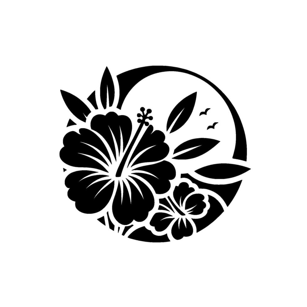 Black and white stylized hibiscus flower arrangement, circular with leaves and birds, on a white background. vector