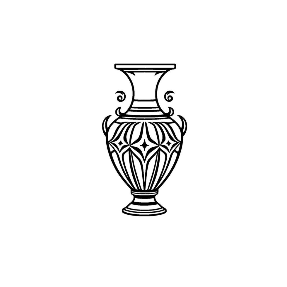 Intricate Black White Classical Amphora Illustration with Detailed Geometric Patterns, Handles, and Ornate on White Background. vector