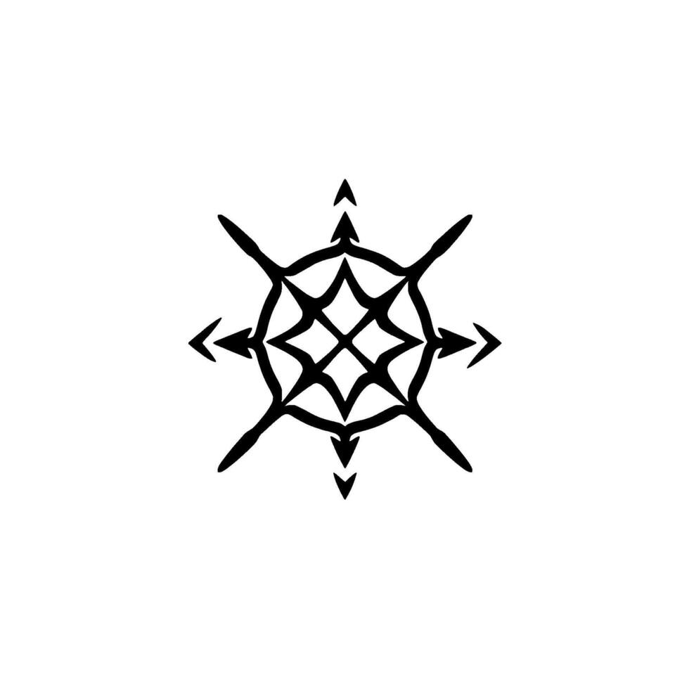 Symmetrical Black Ink Compass Symbol with Arrows Pointing Outward from a Geometric Starburst Against a White Background. vector