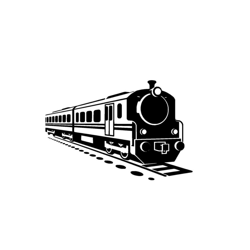 Black and white illustration of a classic steam locomotive train with passenger cars, perspective view on tracks. vector